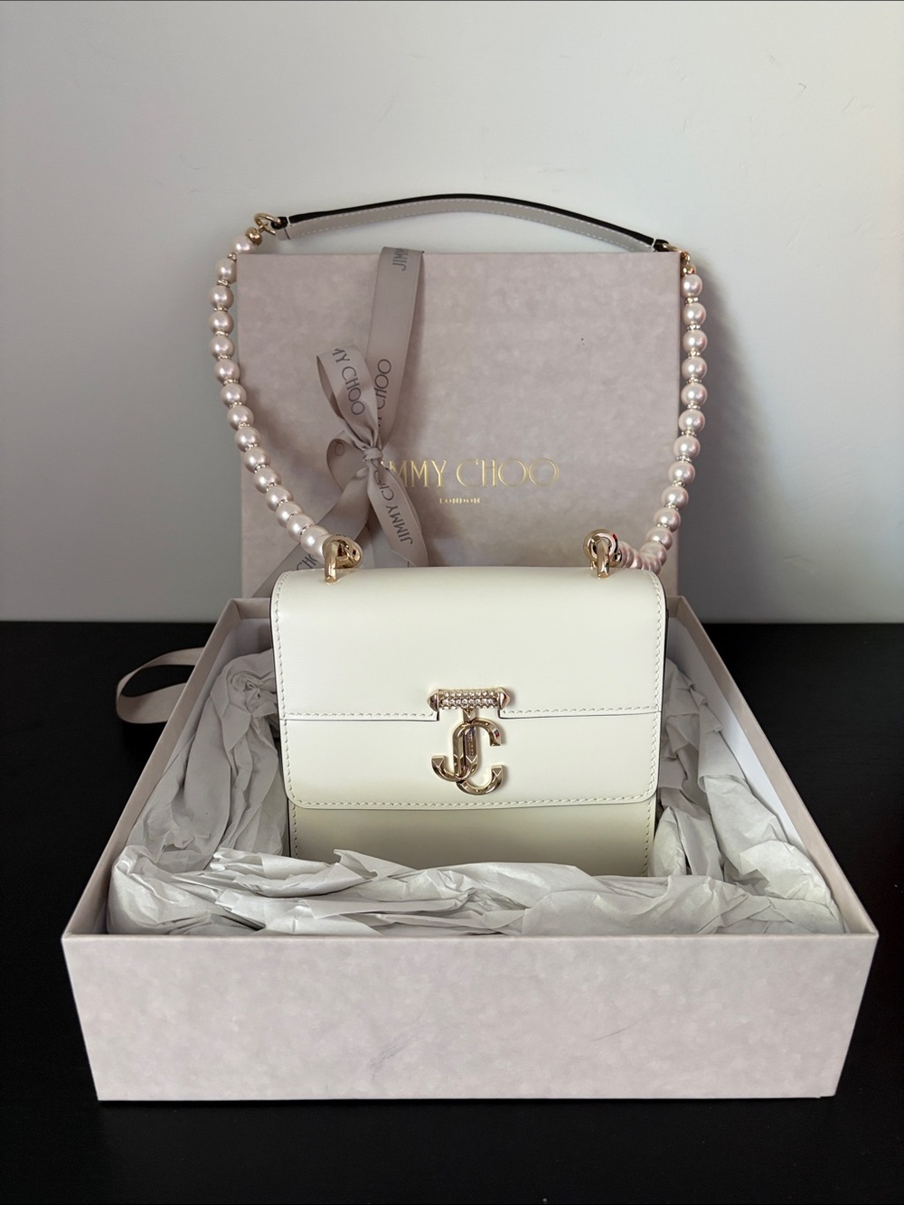 Jimmy Choo Avenue Quad XS Pearl-Strap Leather Shoulder Bag. New - orig. package